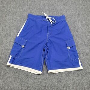 Beach Rays Swim Trunks Mens Medium Blue White Striped Cargo Pockets Swim‎ Shorts